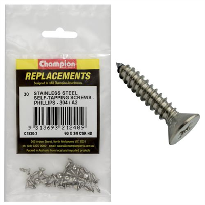 Champion 6G x 3/8 S/Tappg Screw Csk Hd Phillips 304/A2 -30pk