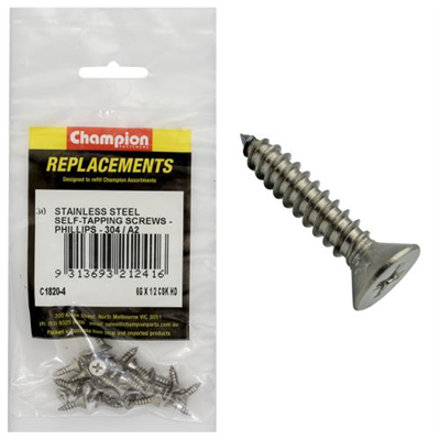 Champion 6G x 1/2 S/Tappg Screw Csk Hd Phillips 304/A2 -30pk