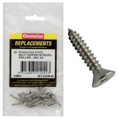 Champion 6G x 3/4 S/Tappg Screw Csk Hd Phillips 304/A2 -25pk