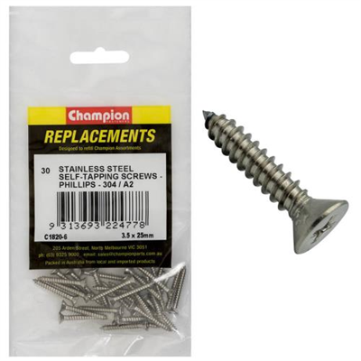 Champion 6G x1in S/Tapping Screw Csk Hd Phillips 304/A2-30pk