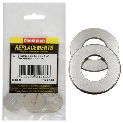 Champion 1/4in x 1-1/4in Stainless Flat Washer 304/A2 -10pk