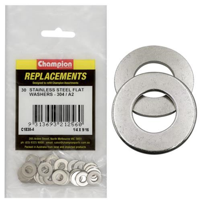 Champion 1/4in x 9/16in Stainless Flat Washer 304/A2 -30pk
