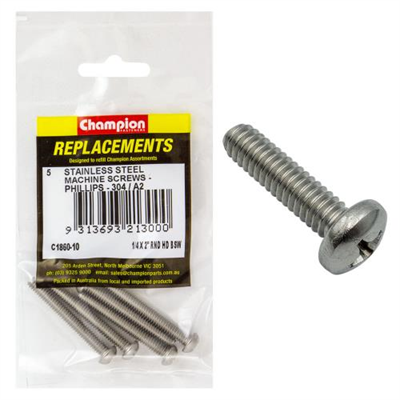 Champion 1/4in x 2in BSW Machine Screw Pan Ph 304/A2 -5pk