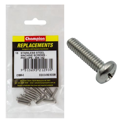 Champion 5/32in x 3/4in BSW Machine Screw Pan Ph 304/A2-15pk