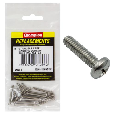 Champion 5/32 x 1-1/4in BSW Machine Screw Pan Ph 304/A2-15pk