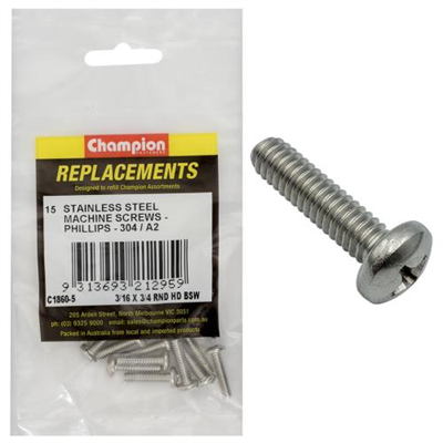 Champion 3/16in x 3/4in BSW Machine Screw Pan Ph 304/A2-15pk