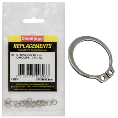 Champion 6mm Stainless External Circlip 304/A2 -20pk
