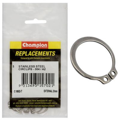 Champion 20mm Stainless External Circlip 304/A2 -5pk