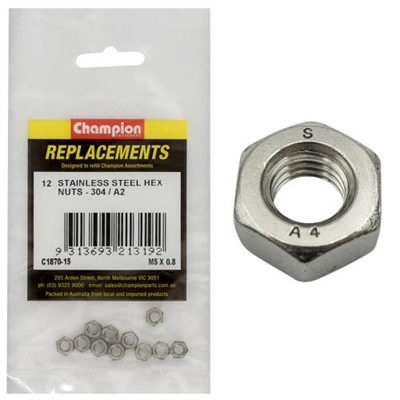 Champion M5 x 0.8 Stainless Hex Nut 304/A2 -12pk
