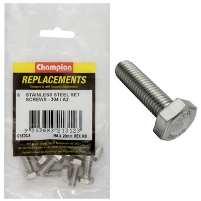 Champion M8 x 20mm Stainless Set Screw 304/A2 -8pk