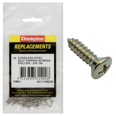 Champion 4G x 1/2in S/Tapping Screw -Rsd -Ph -316/A4 -30pk