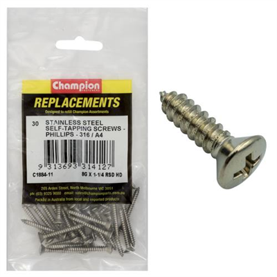 Champion 8G x 1-1/4in S/Tapping Screw -Rsd -Ph -316/A4 -30pk