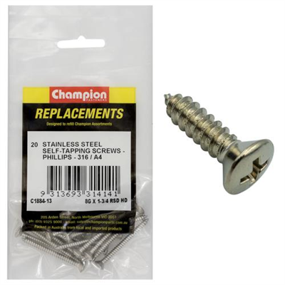 Champion 8G x 1-3/4in S/Tapping Screw -Rsd -Ph -316/A4 -30pk