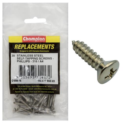 Champion 10G x 1in S/Tapping Screw -Rsd -Ph -316/A4 -30pk