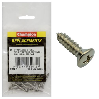 Champion 10G x 1-1/4in S/Tapping Screw-Rsd-Ph-316/A4-15pk