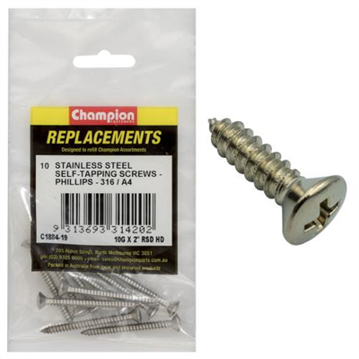 Champion 10G x 2in S/Tapping Screw -Rsd -Ph -316/A4 -10pk