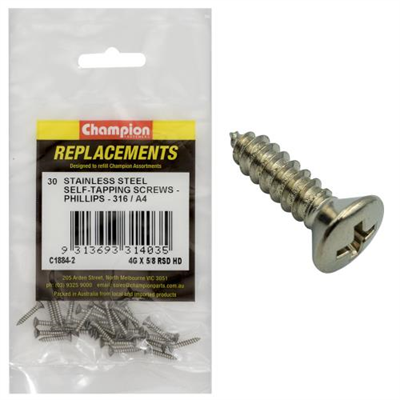 Champion 4G x 5/8in S/Tapping Screw -Rsd -Ph -316/A4 -30pk