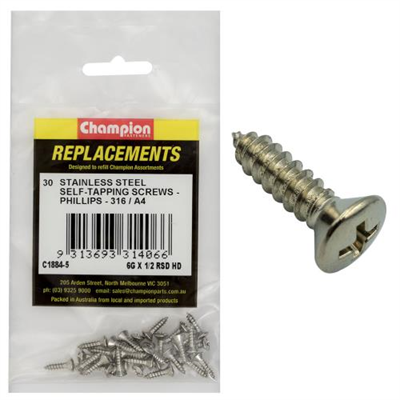 Champion 6G x 1/2in S/Tapping Screw -Rsd -Ph -316/A4 -30pk