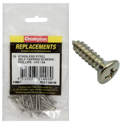 Champion 6G x 1in S/Tapping Screw -Rsd -Ph -316/A4 -30pk