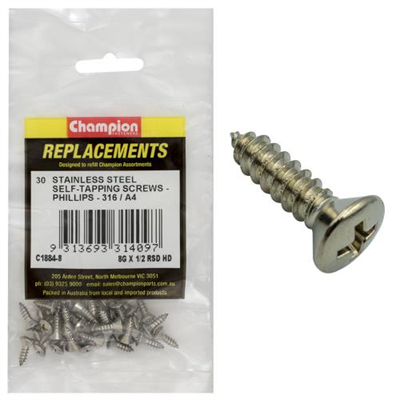 Champion 8G x 1/2in S/Tapping Screw -Rsd -Ph -316/A4 -30pk