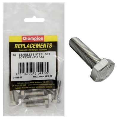 Champion M8 x 30mm Hex Set Screw -316/A4 -10pk