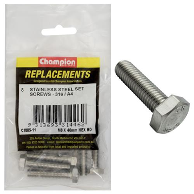 Champion M8 x 40mm Hex Set Screw -316/A4 -10pk