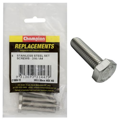 Champion M8 x 50mm Hex Set Screw -316/A4 -10pk