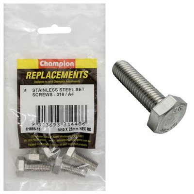 Champion M10 x 25mm Hex Set Screw -316/A4 -10pk
