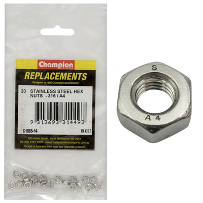 Champion M4 x 0.7 Hex Plain Nut -316/A4 -20pk