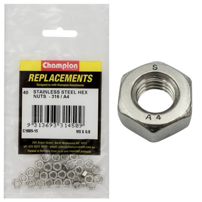 Champion M5 x 0.8 Hex Plain Nut -316/A4 -40pk