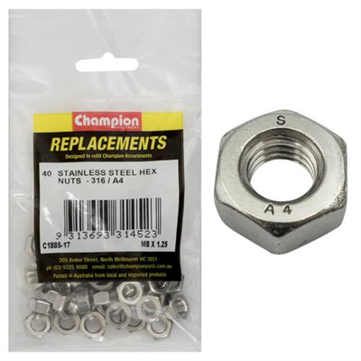 Champion M8 x 1.25 Hex Plain Nut -316/A4 -40pk