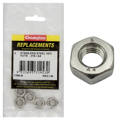 Champion M10 x 1.50 Hex Plain Nut -316/A4 -5pk