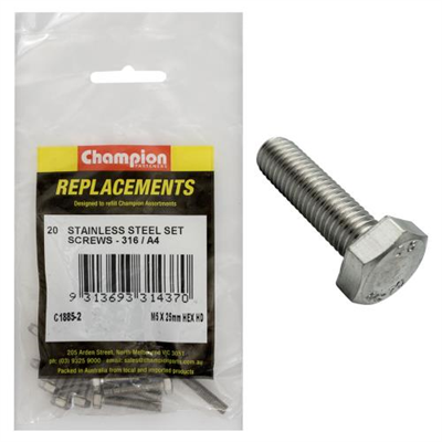 Champion M5 x 25mm Hex Set Screw -316/A4 -20pk