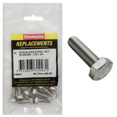 Champion M8 x 20mm Hex Set Screw -316/A4 -10pk