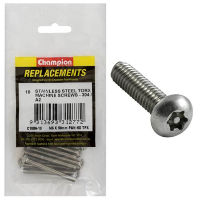 Champion M6 x 50mm Machine Screw -Pan -Tpx -304/A2 -10pk