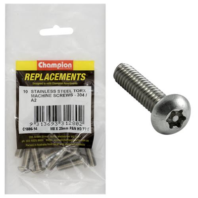 Champion M8 x 25mm Machine Screw -Pan -Tpx -304/A2 -10pk