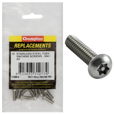 Champion M6 x 16mm Machine Screw -Pan -Tpx -304/A2 -10pk