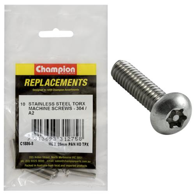 Champion M6 x 25mm Machine Screw -Pan -Tpx -304/A2 -10pk