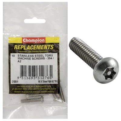Champion M6 x 30mm Machine Screw -Pan -Tpx -304/A2 -10pk