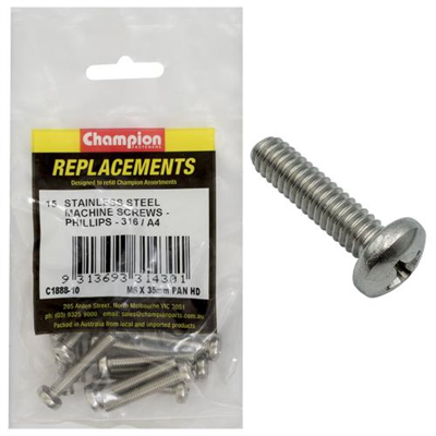 Champion M6 x 35mm Machine Screw -Pan -Ph -316/A4 -15pk