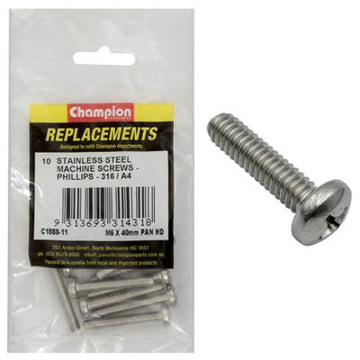 Champion M6 x 40mm Machine Screw -Pan -Ph -316/A4 -10pk