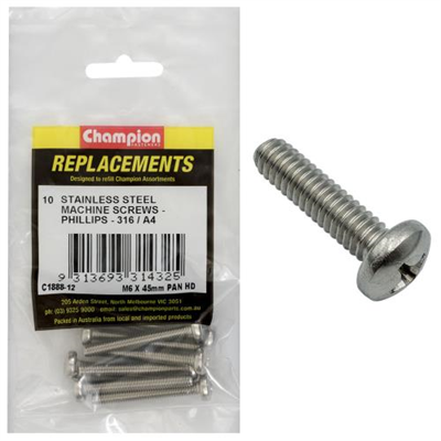 Champion M6 x 45mm Machine Screw -Pan -Ph -316/A4 -10pk