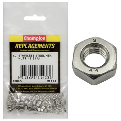 Champion M5 x 0.8 Hex Plain Nut -316/A4 -50pk