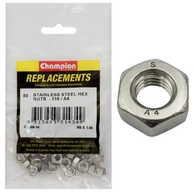 Champion M6 x 1.00 Hex Plain Nut -316/A4 -50pk