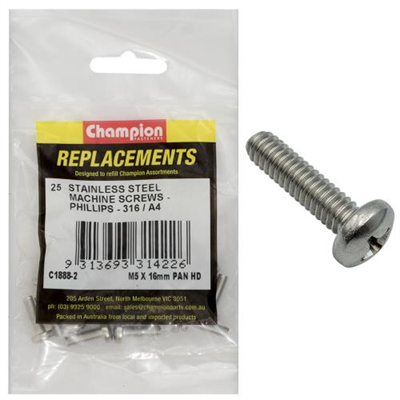 Champion M5 x 16mm Machine Screw -Pan -Ph -316/A4 -25pk