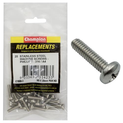 Champion M5 x 20mm Machine Screw -Pan -Ph -316/A4 -25pk