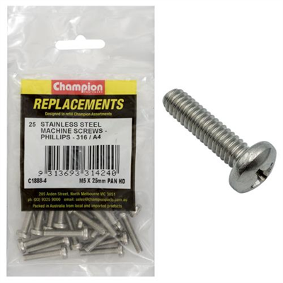 Champion M5 x 25mm Machine Screw -Pan -Ph -316/A4 -25pk