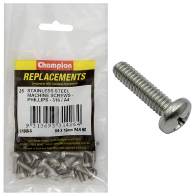 Champion M6 x 16mm Machine Screw -Pan -Ph -316/A4 -25pk