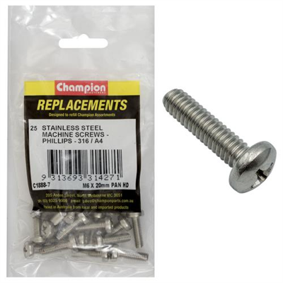 Champion M6 x 20mm Machine Screw -Pan -Ph -316/A4 -25pk