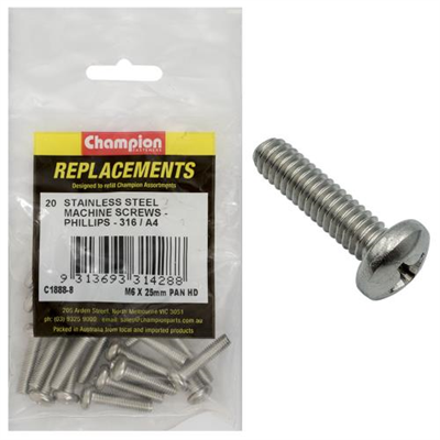 Champion M6 x 25mm Machine Screw -Pan -Ph -316/A4 -20pk
